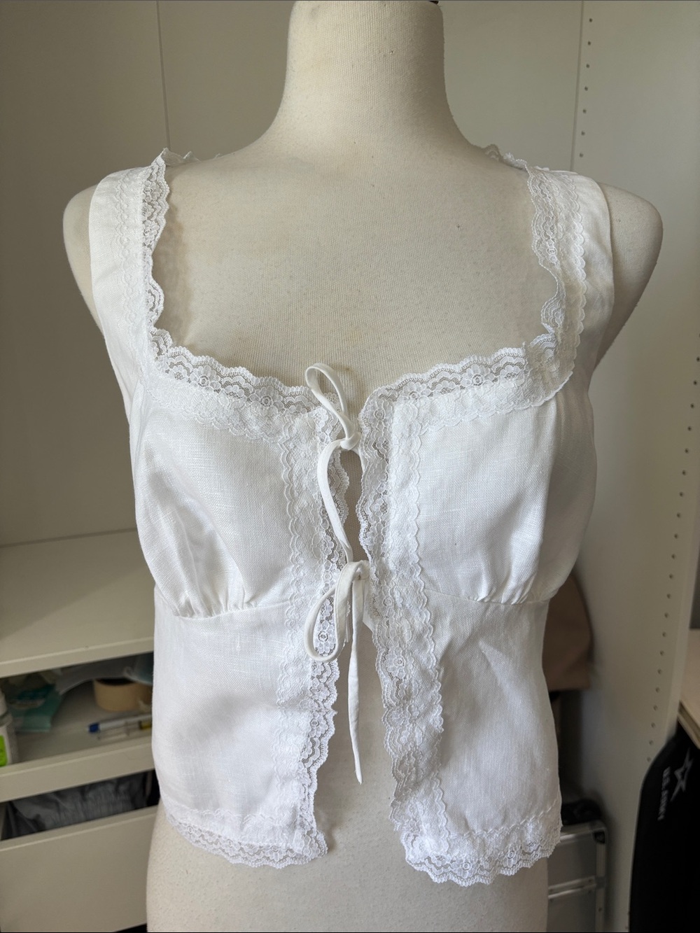 Reformation White Lace-Trim Tie-Front Camisole